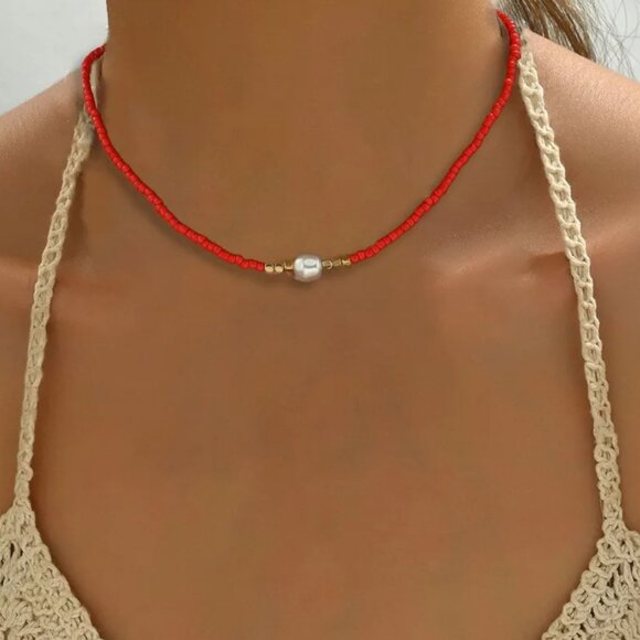 NEW Boho Chic Red Seed Bead Freshwater Pearl Clavicle Necklace Choker - Picture 1 of 1